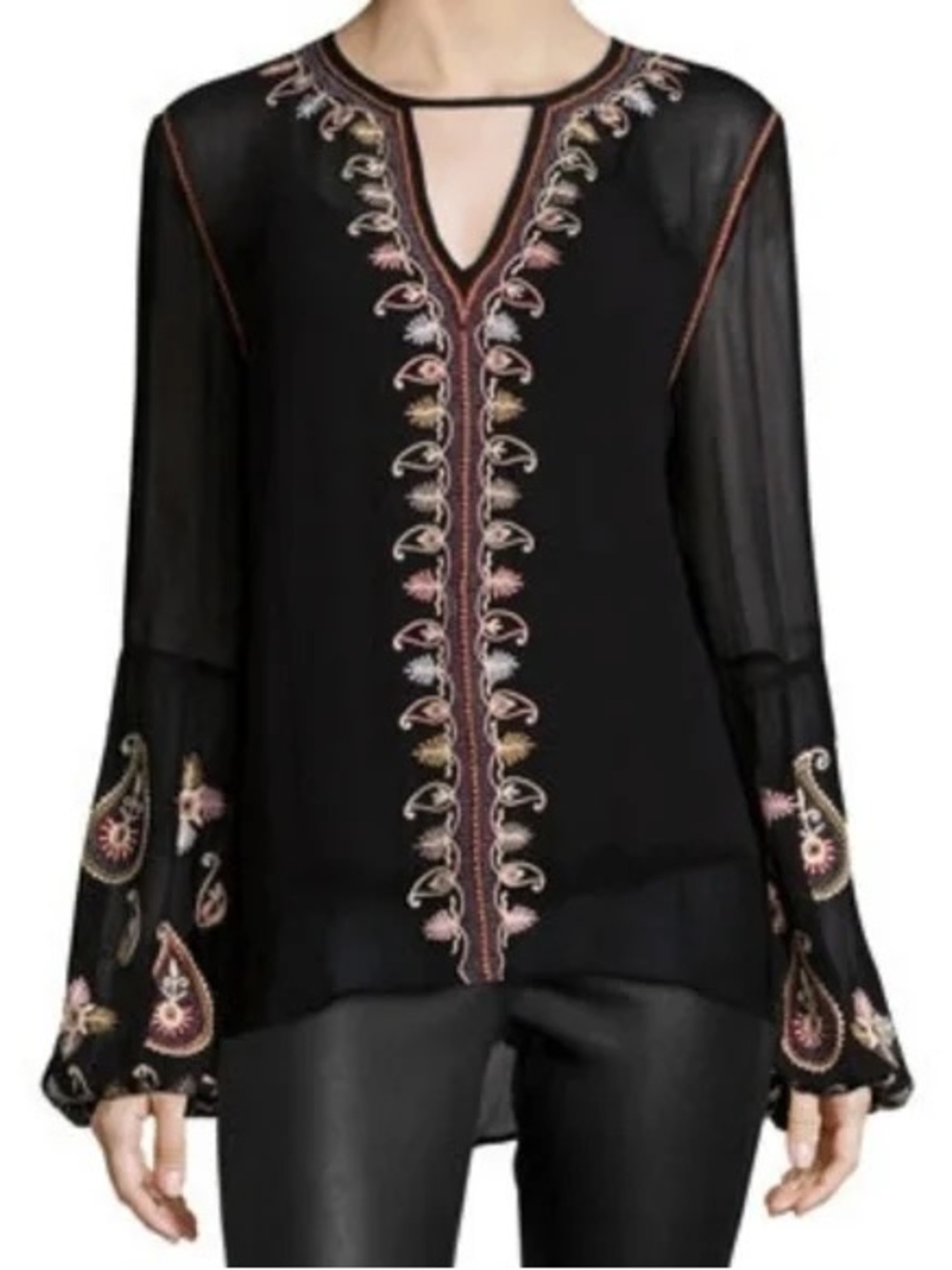 Anthropologie Love Sam Black Embroidered Peasant top Sheer Boho size Small